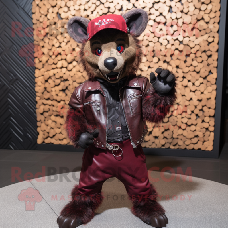 Maroon Hyena mascot costume character dressed with a Leather Jacket and Berets Maroon Hyena mascot costume character dressed with a Leather Jacket and Berets