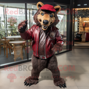 Maroon Hyena mascot costume character dressed with a Leather Jacket and Berets