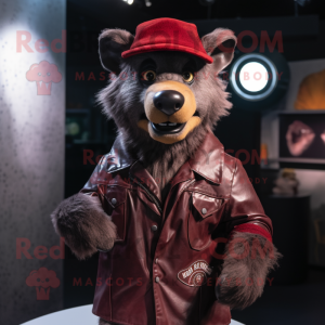 Maroon Hyena mascot costume character dressed with a Leather Jacket and Berets