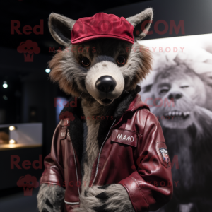 Maroon Hyena mascot costume character dressed with a Leather Jacket and Berets