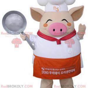 Mascota de cerdo beige vestida como chef - Redbrokoly.com