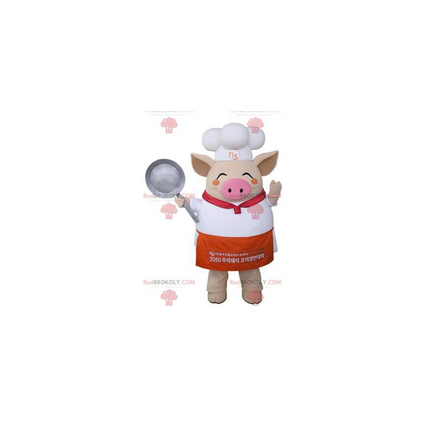 Mascotte de cochon beige habillé en chef cuisinier -