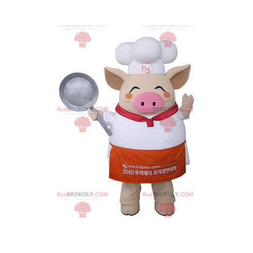 Beige varken mascotte gekleed als chef-kok - Redbrokoly.com