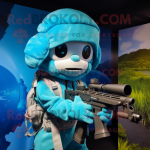 Cyan Sniper mascot costume character dressed with a Playsuit and Beanies