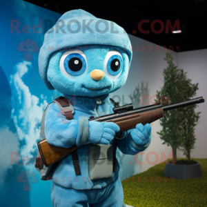 Cyan Sniper mascot costume character dressed with a Playsuit and Beanies