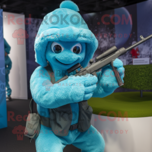 Cyan Sniper mascot costume character dressed with a Playsuit and Beanies
