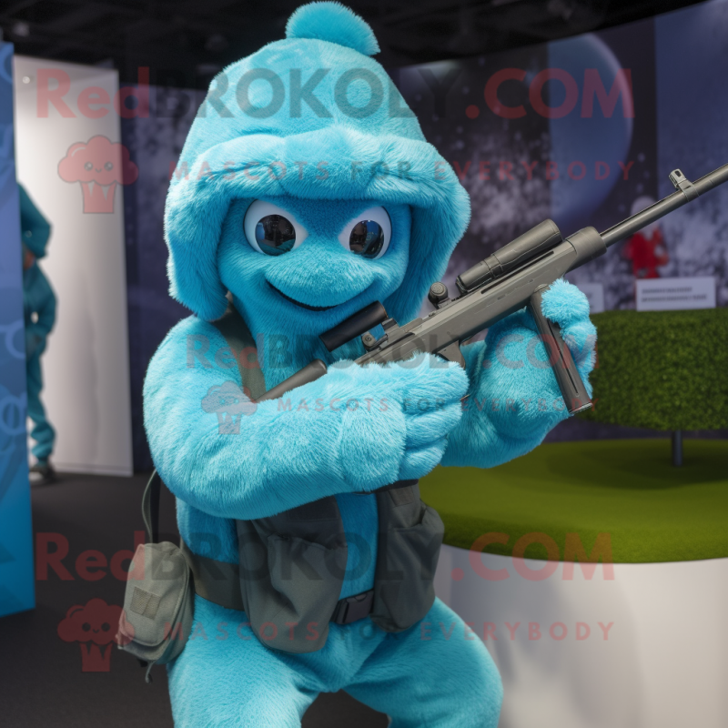 Cyan Sniper mascot costume character dressed with a Playsuit and Beanies Cyan Sniper mascot costume character dressed with a Playsuit and Beanies