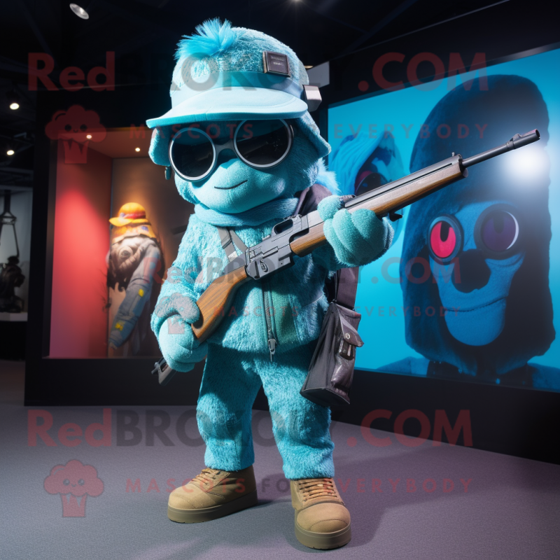 Cyan Sniper mascot costume character dressed with a Playsuit and Beanies Cyan Sniper mascot costume character dressed with a Playsuit and Beanies