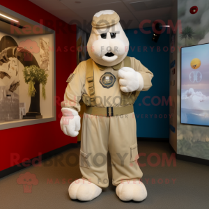Cream Marine Recon mascot costume character dressed with a Culottes and Watches