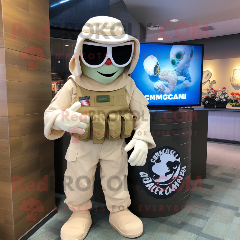 Cream Marine Recon mascot costume character dressed with a Culottes and Watches