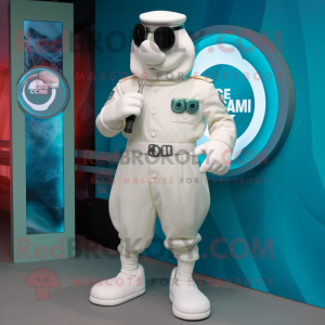 Cream Marine Recon mascot costume character dressed with a Culottes and Watches