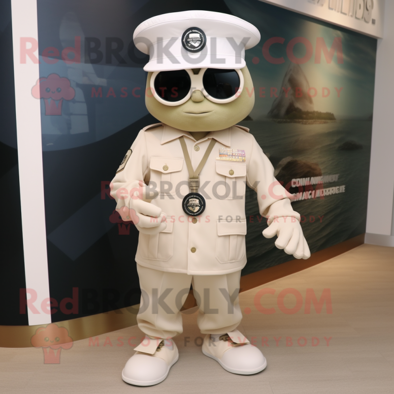 Cream Marine Recon mascot costume character dressed with a Culottes and Watches Cream Marine Recon mascot costume character dressed with a Culottes and Watches