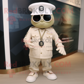 Cream Marine Recon mascot costume character dressed with a Culottes and Watches