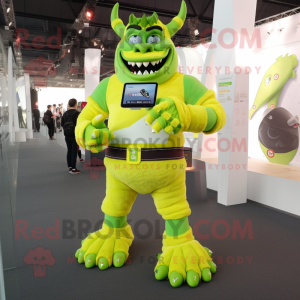 Lime Green Demon mascot costume character dressed with a Trousers and Smartwatches