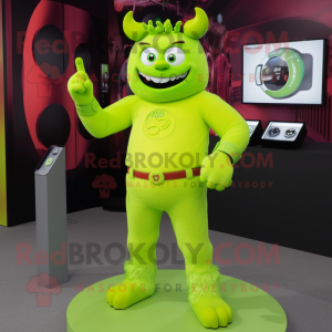 Lime Green Demon mascot costume character dressed with a Trousers and Smartwatches