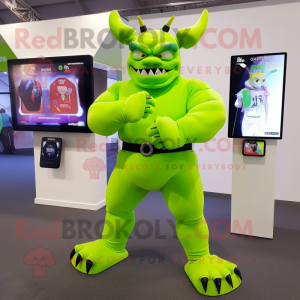 Lime Green Demon mascot costume character dressed with a Trousers and Smartwatches