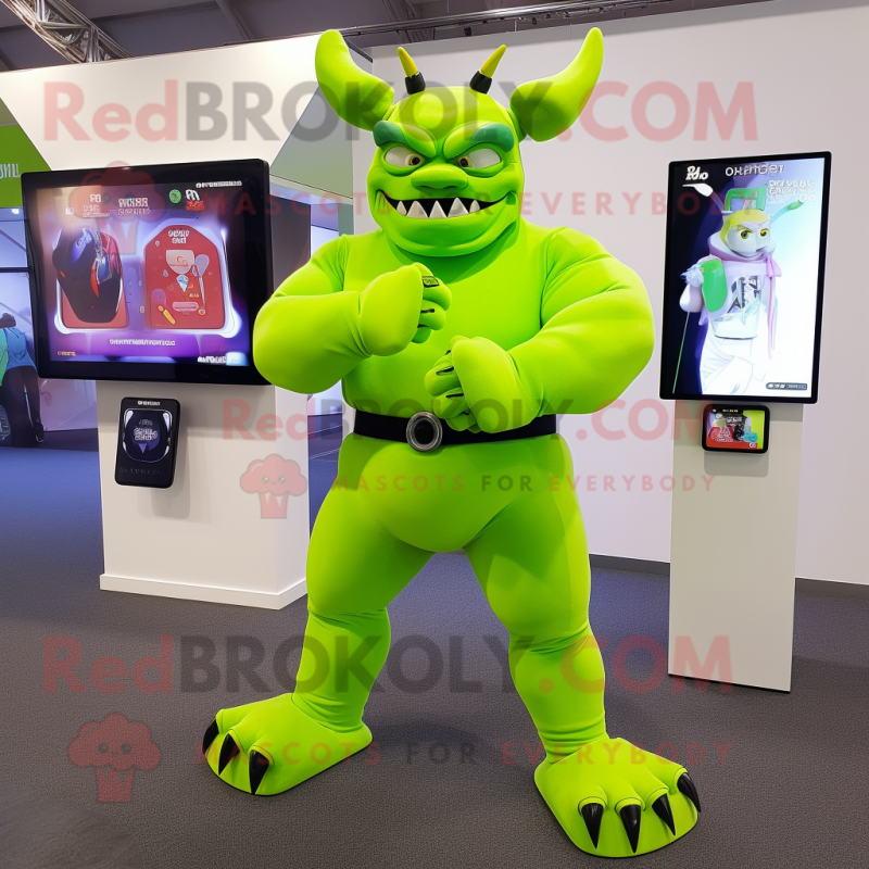 Lime Green Demon mascot costume character dressed with a Trousers and Smartwatches Lime Green Demon mascot costume character dressed with a Trousers and Smartwatches