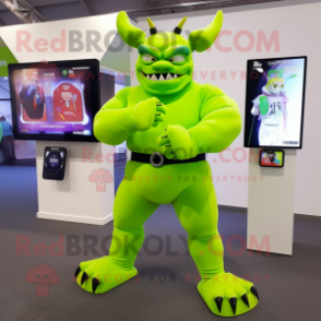 Lime Green Demon mascot costume character dressed with a Trousers and Smartwatches