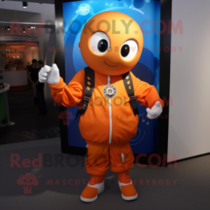 Orange Pendant mascot costume character dressed with a Jacket and Smartwatches