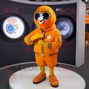 Orange Pendant mascot costume character dressed with a Jacket and Smartwatches