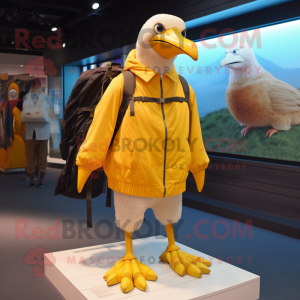 Yellow Albatross mascot costume character dressed with a Windbreaker and Backpacks