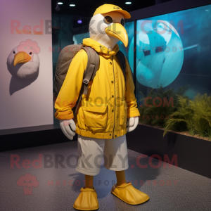 Yellow Albatross mascot costume character dressed with a Windbreaker and Backpacks
