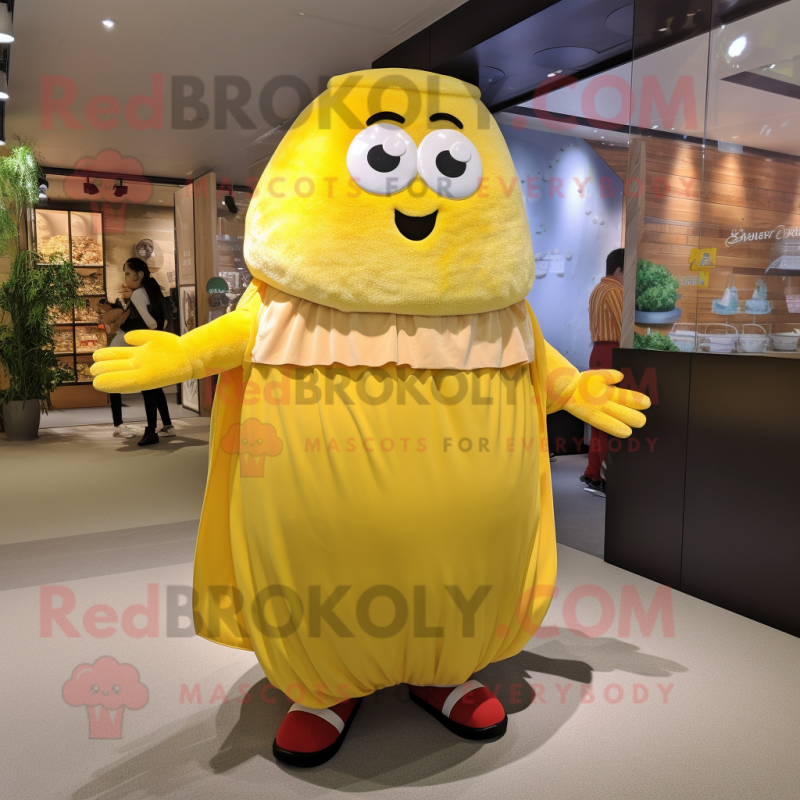 Yellow Potato mascot costume character dressed with a Maxi Skirt and Foot pads