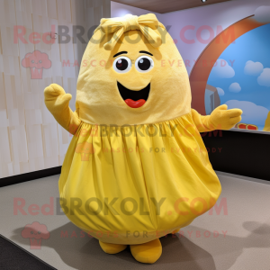 Yellow Potato mascot costume character dressed with a Maxi Skirt and Foot pads
