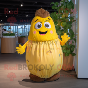 Yellow Potato mascot costume character dressed with a Maxi Skirt and Foot pads