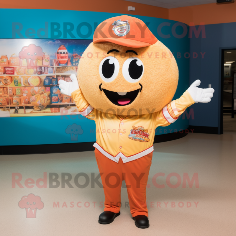 Peach Enchiladas mascot costume character dressed with a Baseball Tee and Lapel pins Peach Enchiladas mascot costume character dressed with a Baseball Tee and Lapel pins