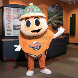 Peach Enchiladas mascot costume character dressed with a Baseball Tee and Lapel pins