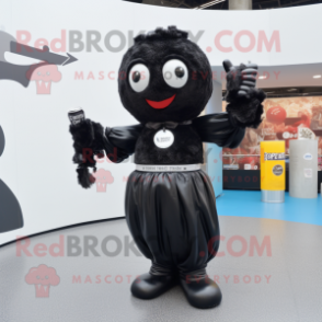 Black Soda Can mascot costume character dressed with a Bodysuit and Hair clips