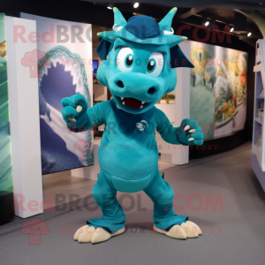 Teal Dragon mascot costume character dressed with a Running Shorts and Hat pins