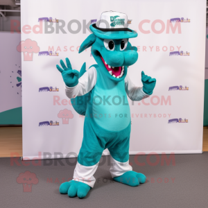 Teal Dragon mascot costume character dressed with a Running Shorts and Hat pins