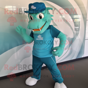 Teal Dragon mascot costume character dressed with a Running Shorts and Hat pins