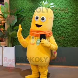 Yellow Carrot mascot costume character dressed with a Dungarees and Smartwatches