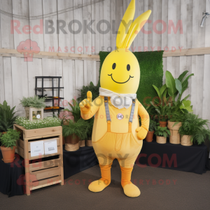 Yellow Carrot mascot costume character dressed with a Dungarees and Smartwatches