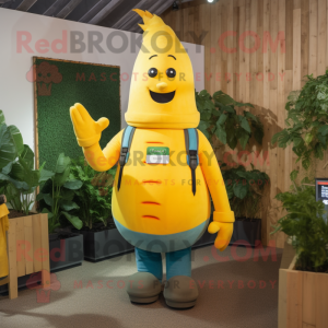 Yellow Carrot mascot costume character dressed with a Dungarees and Smartwatches