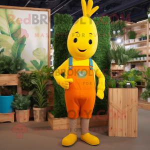 Yellow Carrot mascot costume character dressed with a Dungarees and Smartwatches