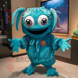 Turquoise Crab mascot costume character dressed with a Hoodie and Keychains