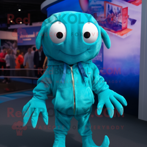 Turquoise Crab mascot costume character dressed with a Hoodie and Keychains