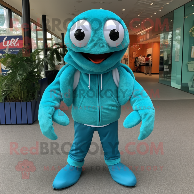 Turquoise Crab mascot costume character dressed with a Hoodie and Keychains