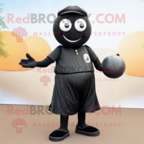 Black Petanque Ball mascot costume character dressed with a Capri Pants and Cummerbunds