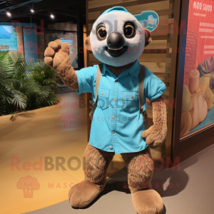 Turquoise Sloth mascot costume character dressed with a Chambray Shirt and Foot pads