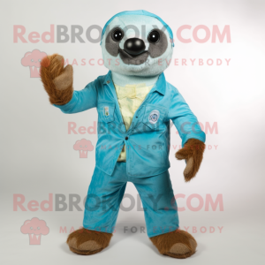 Turquoise Sloth mascot costume character dressed with a Chambray Shirt and Foot pads