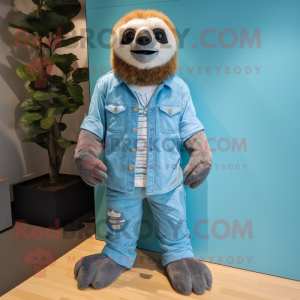 Turquoise Sloth mascot costume character dressed with a Chambray Shirt and Foot pads