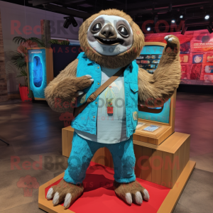 Turquoise Sloth mascot costume character dressed with a Chambray Shirt and Foot pads