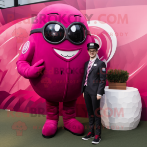 Magenta Rugby Ball mascot costume character dressed with a Suit Jacket and Watches