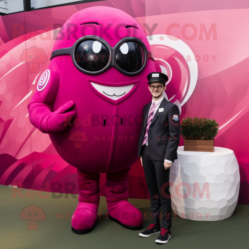 Magenta Rugby Ball mascot costume character dressed with a Suit Jacket and Watches Magenta Rugby Ball mascot costume character dressed with a Suit Jacket and Watches