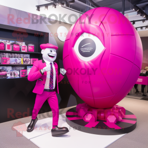 Magenta Rugby Ball mascot costume character dressed with a Suit Jacket and Watches